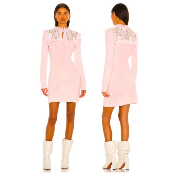 LoveShackFancy Bellini wool blend knit ribbed Pink long sleeve mini Dress Sz.XS. - Picture 3 of 16